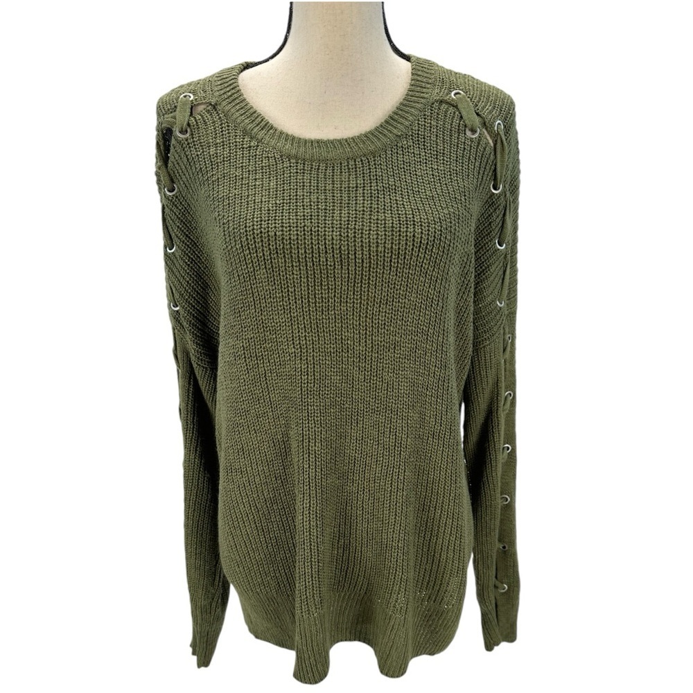 Freshman Long Lace Up Sleeve Crew Neck Sweater - Olive Green - size XL